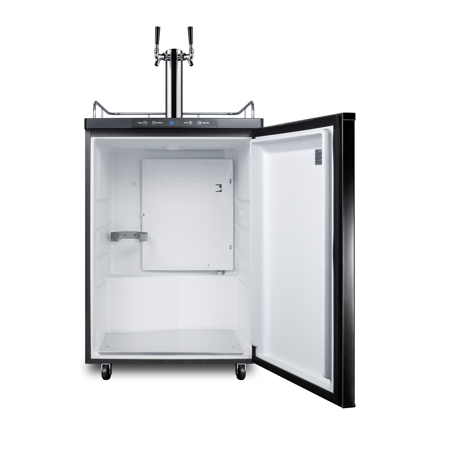 Freestanding residential beer dispenser, auto defrost with digital thermostat, black exterior finish, and dual tap system